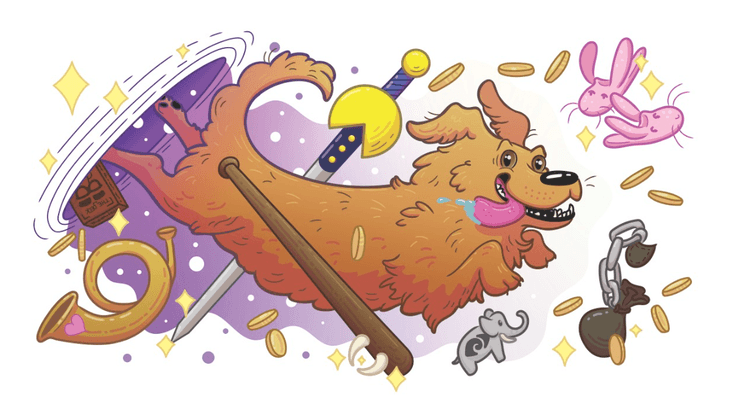 A hand-drawn picture of a cartoonish golden retriever emerging from a purple portal. The dog has a huge dopey smile and his tongue is hanging out. He is surrounded by coins, sparkles, and items from the Deck of Silly Things including a wallet with a chain, an elephant statue, a looping horn, a baseball bat with fangs, bunny slippers, and a sword with pacman on the hilt