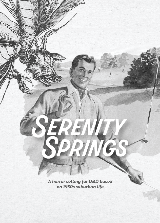 A man drawn in the style of a 50's advertisement stands on a golf course making the okay symbol with his hands. Right behind him a flying pig monster is about to attack him. The whole image is in black and white.